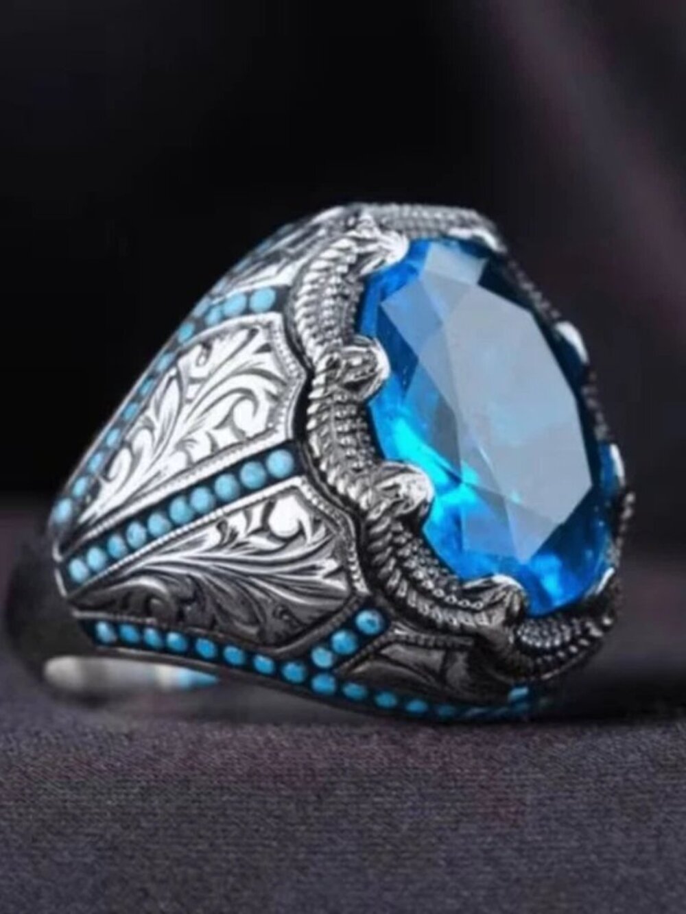 Turkish Style Men Ring Blue Crystal Centered Fashion Jewelry Size 10 New
